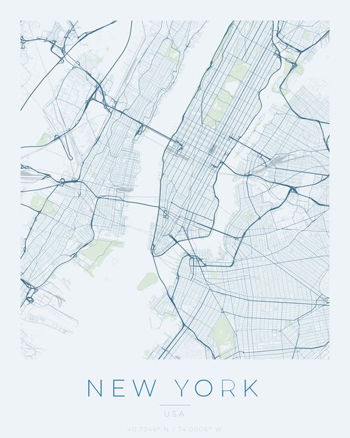 New York city map poster, Harbor Blue palette