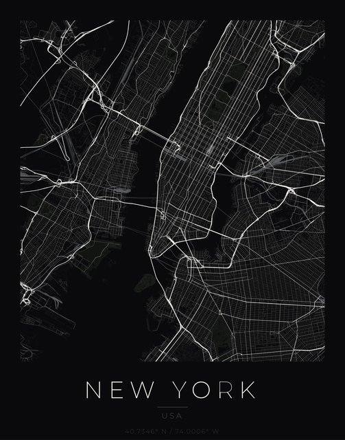 New York city map poster, Obsidian Line style