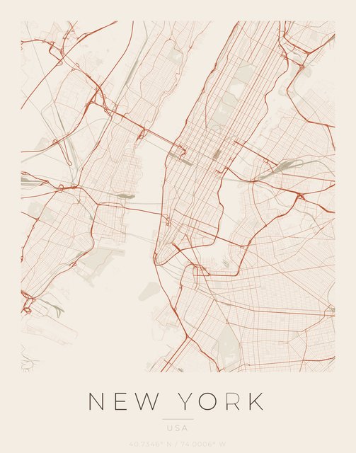 New York city map poster, Sandstone palette