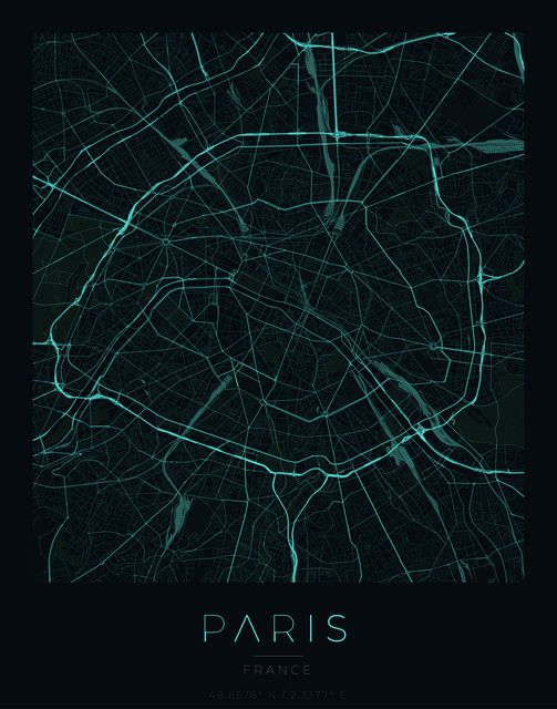 Paris city map poster, Cyan Pulse palette
