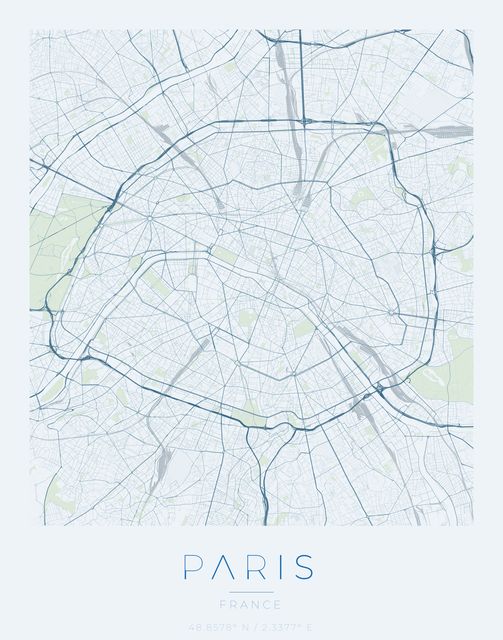 Paris city map poster, Harbor Blue palette