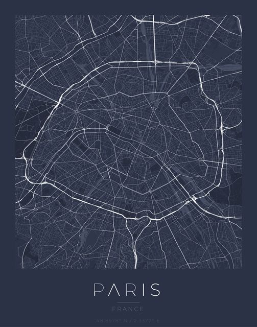Paris city map poster, Navy Classic palette