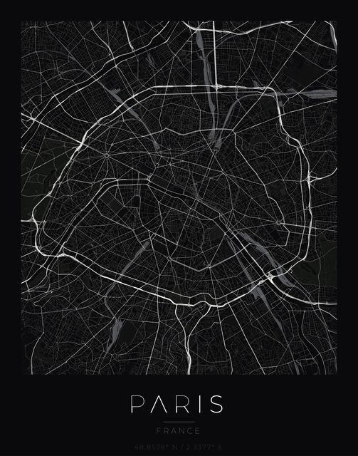 Paris city map poster, Obsidian Line style