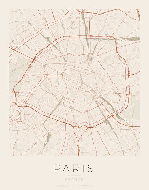 Paris city map poster, Sandstone palette