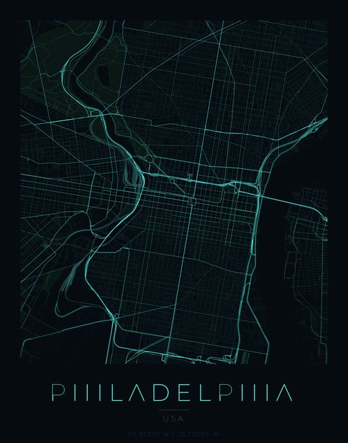 Philadelphia city map poster, Cyan Pulse palette