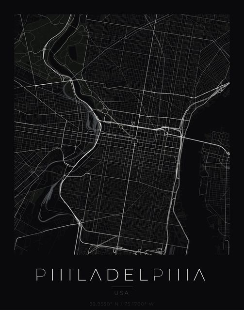 Philadelphia city map poster, Obsidian Line style