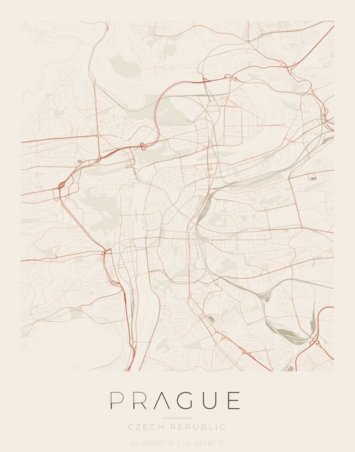 Prague city map poster, Sandstone palette