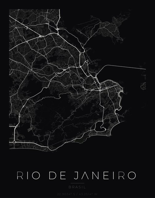 Rio de Janeiro city map poster, Obsidian Line style
