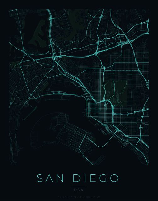San Diego city map poster, Cyan Pulse palette