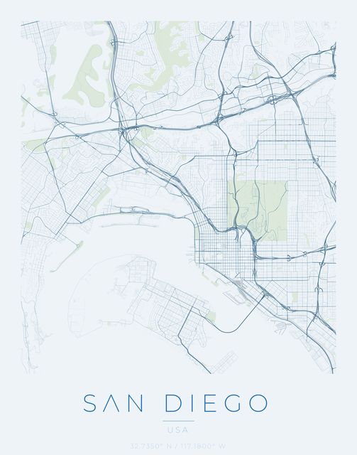 San Diego city map poster, Harbor Blue palette