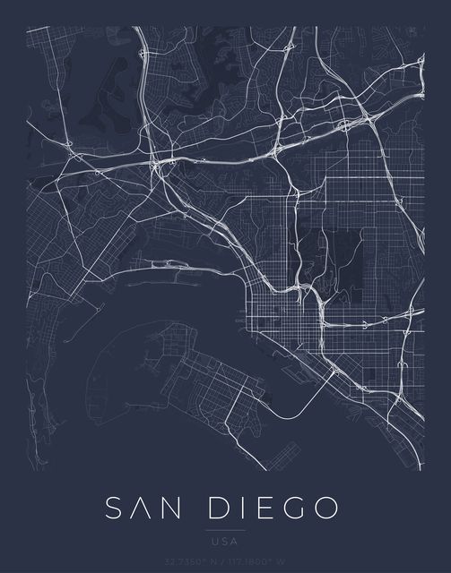 San Diego city map poster, Navy Classic palette