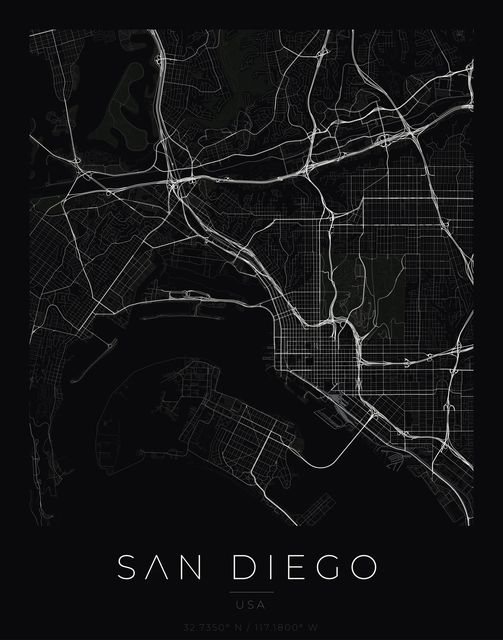San Diego city map poster, Obsidian Line style