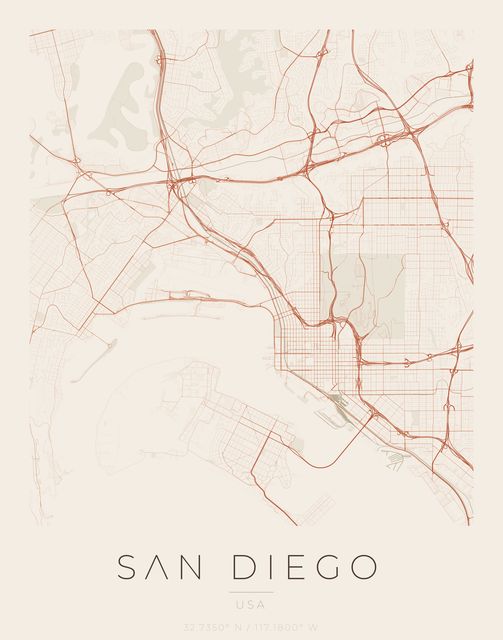 San Diego city map poster, Sandstone palette