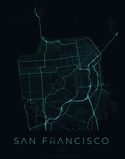 San Francisco city map poster, Cyan Pulse palette