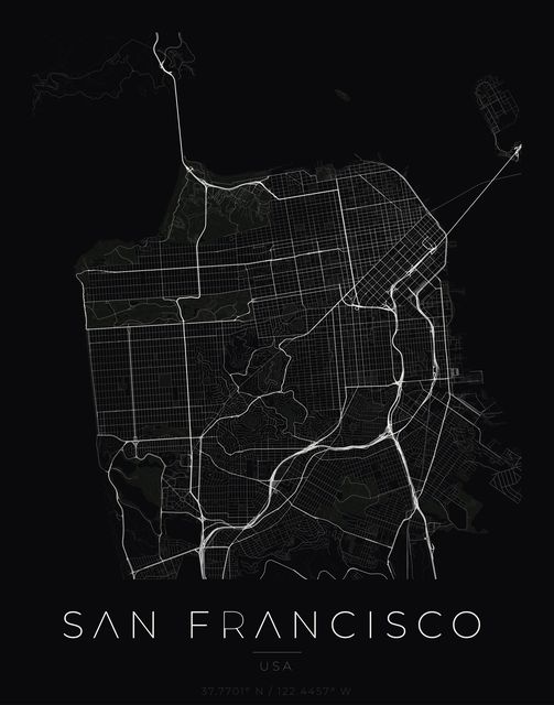 San Francisco city map poster, Obsidian Line style