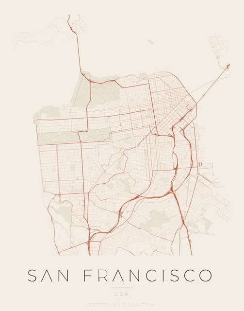 San Francisco city map poster, Sandstone palette