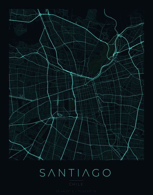 Santiago city map poster, Cyan Pulse palette