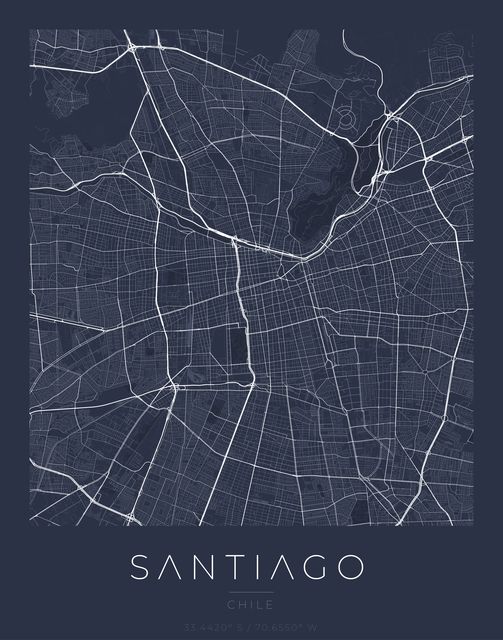Santiago city map poster, Navy Classic palette