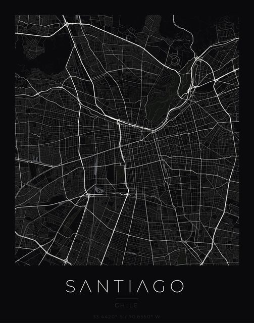 Santiago city map poster, Obsidian Line style