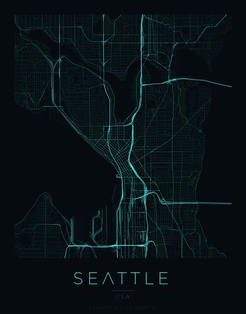 Seattle city map poster, Cyan Pulse palette