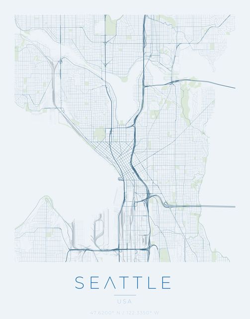 Seattle city map poster, Harbor Blue palette