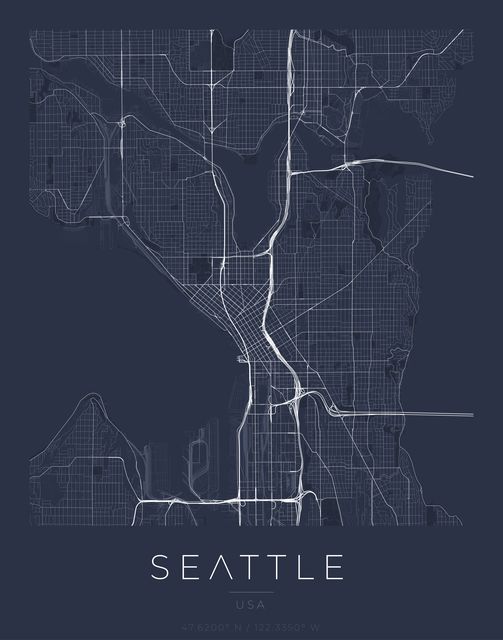 Seattle city map poster, Navy Classic palette