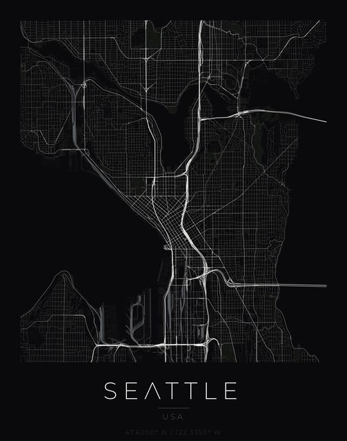 Seattle city map poster, Obsidian Line style