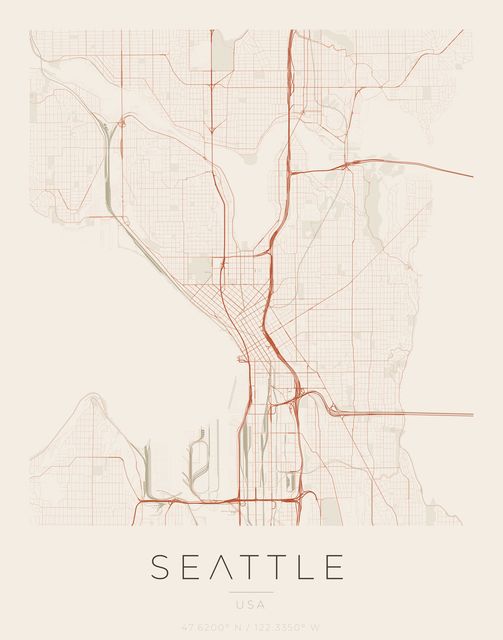 Seattle city map poster, Sandstone palette