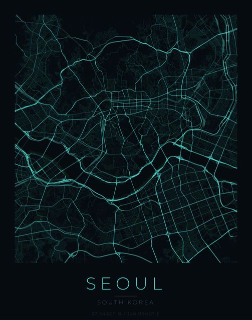 Seoul city map poster, Cyan Pulse palette