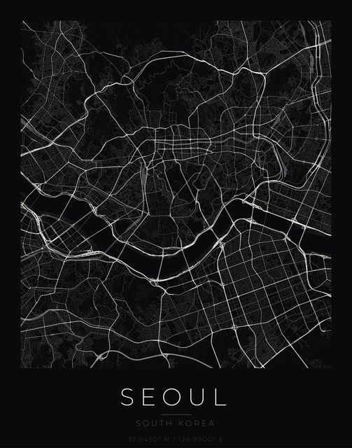 Seoul city map poster, Obsidian Line style