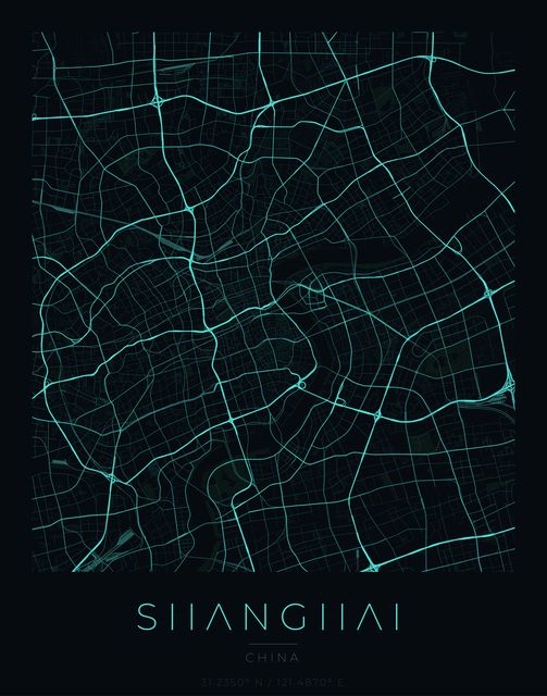 Shanghai city map poster, Cyan Pulse palette