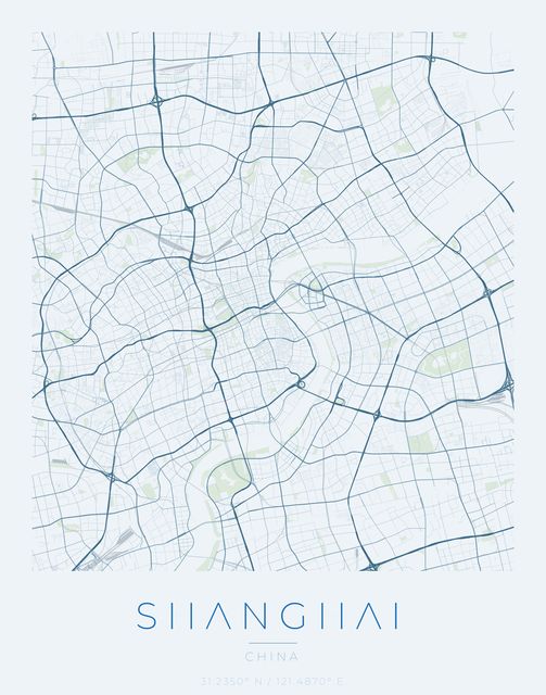 Shanghai city map poster, Harbor Blue palette