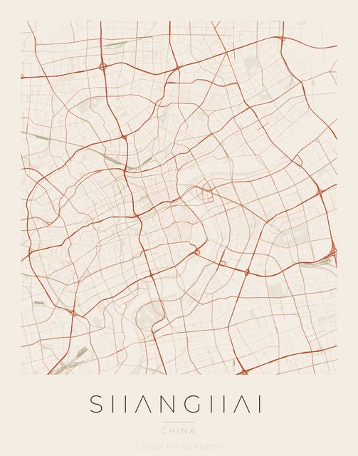Shanghai city map poster, Sandstone palette