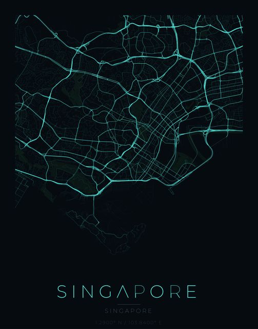 Singapore city map poster, Cyan Pulse palette