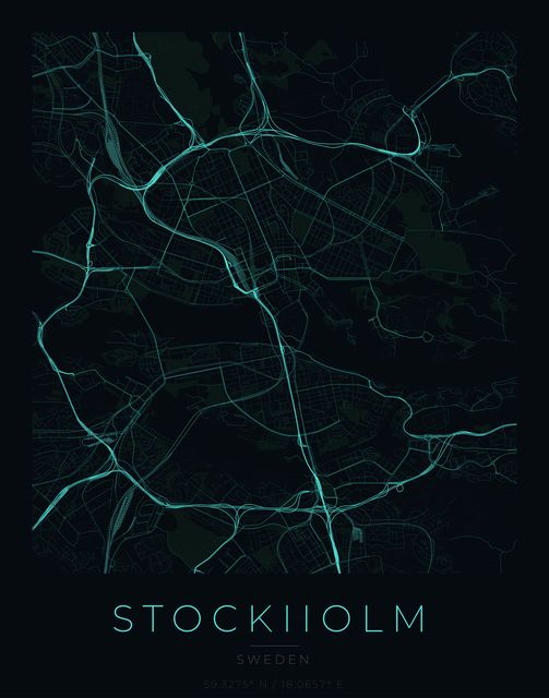 Stockholm city map poster, Cyan Pulse palette