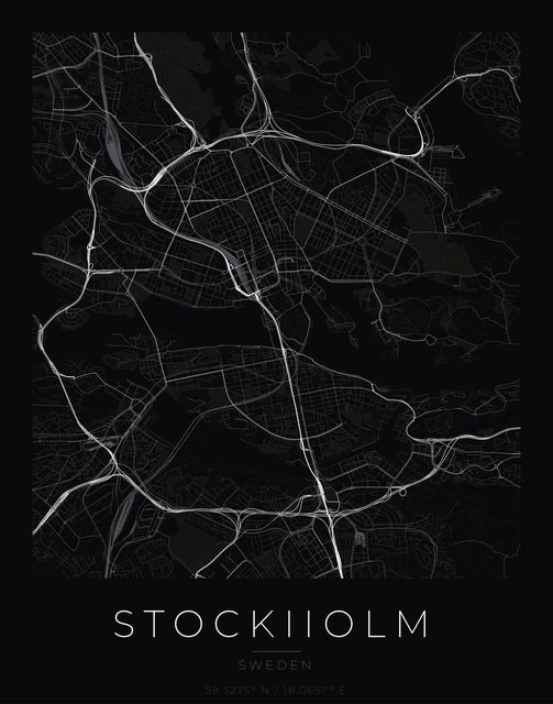 Stockholm city map poster, Obsidian Line style