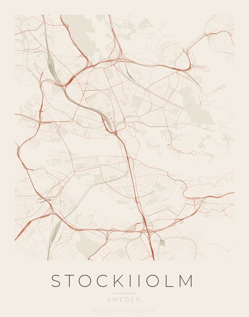 Stockholm city map poster, Sandstone palette