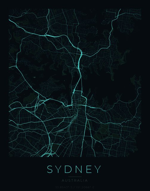 Sydney city map poster, Cyan Pulse palette