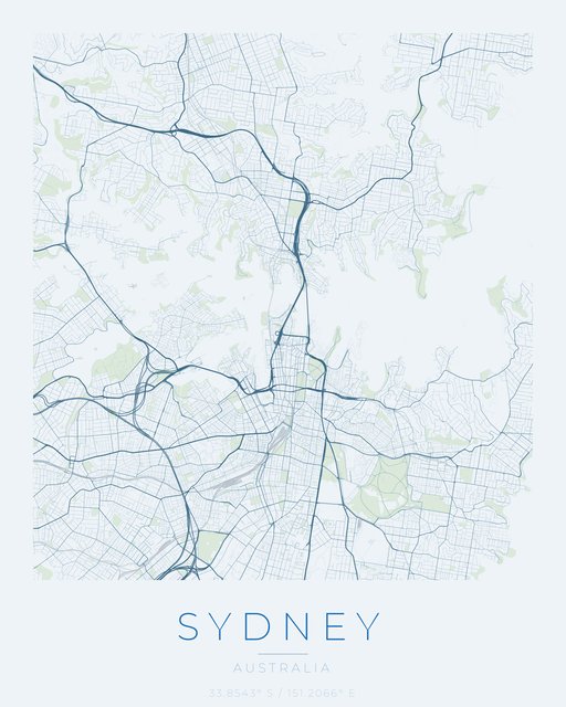 Sydney city map poster, Harbor Blue palette