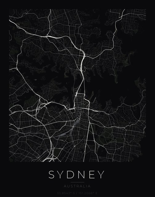 Sydney city map poster, Obsidian Line style