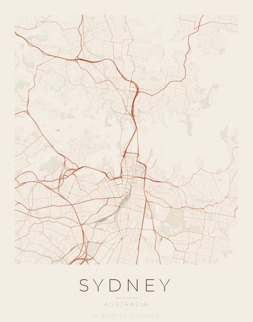 Sydney city map poster, Sandstone palette