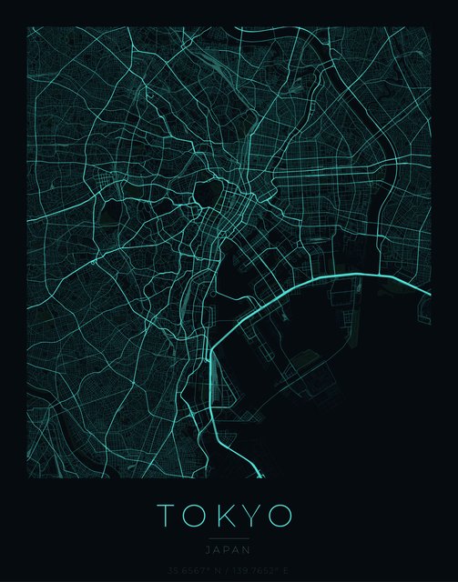 Tokyo city map poster, Cyan Pulse palette