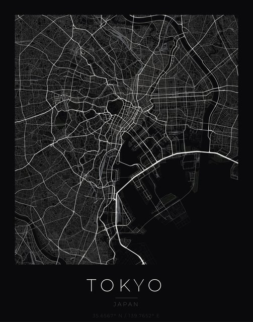 Tokyo city map poster, Obsidian Line style