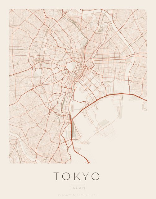 Tokyo city map poster, Sandstone palette