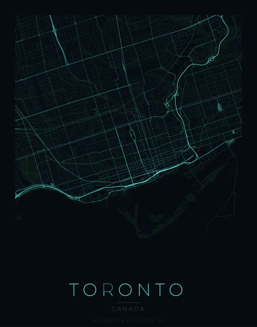 Toronto city map poster, Cyan Pulse palette