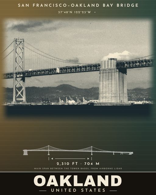 San Francisco-Oakland Bay Bridge landmark poster, Oakland, Saturn Series, archival photograph with LiDAR measurements