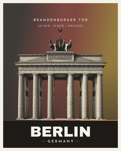 Brandenburg Gate landmark poster, Berlin, Venus Series, illustrated travel-poster style