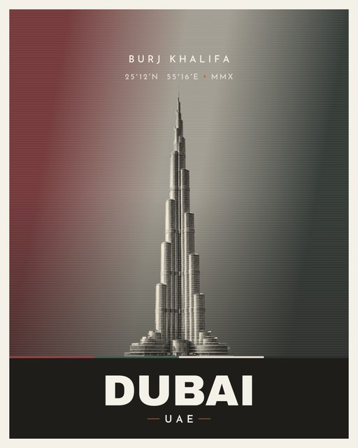 Burj Khalifa landmark poster, Dubai, Venus Series, illustrated travel-poster style