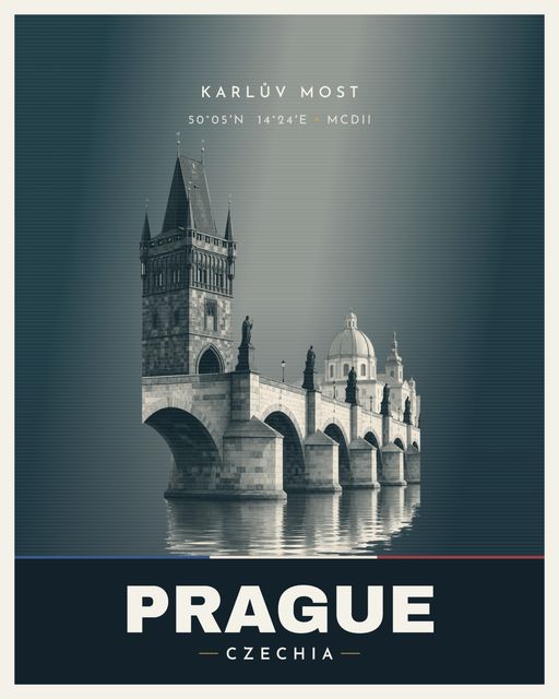 Charles Bridge landmark poster, Prague, Venus Series, illustrated travel-poster style