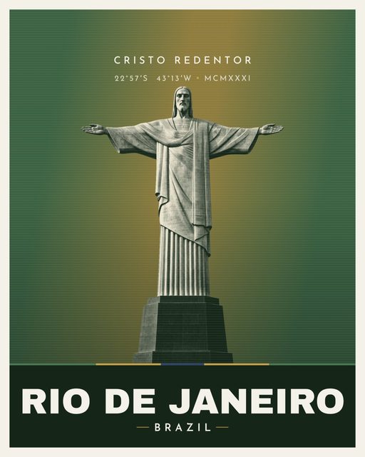 Christ the Redeemer landmark poster, Rio de Janeiro, Venus Series, illustrated travel-poster style